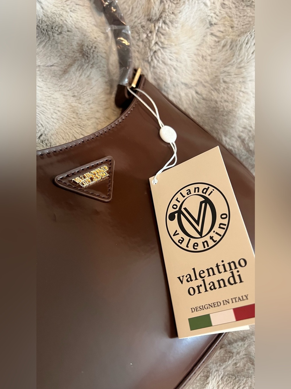 Valentino Orlandi Chocolate Brown Patent Shoulder Bag with Gold Logo